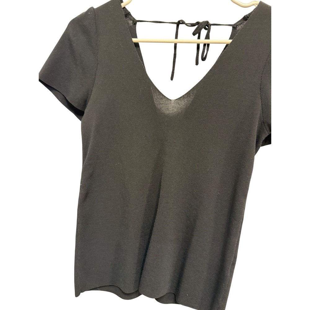 Truth by Republic Black V-Neck Puff Sleeve Knit Top with Back Tie Detail Small